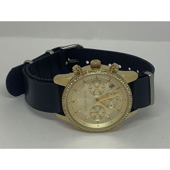 Michael Kors MK6328 Women Black Leather Analog Gold Dial Quartz Wrist Watch E325 main image 10